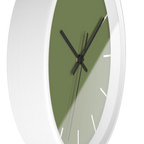 Dark sage olive green silent wall clock, white base, black hands, white markers, 10 inch, side view.