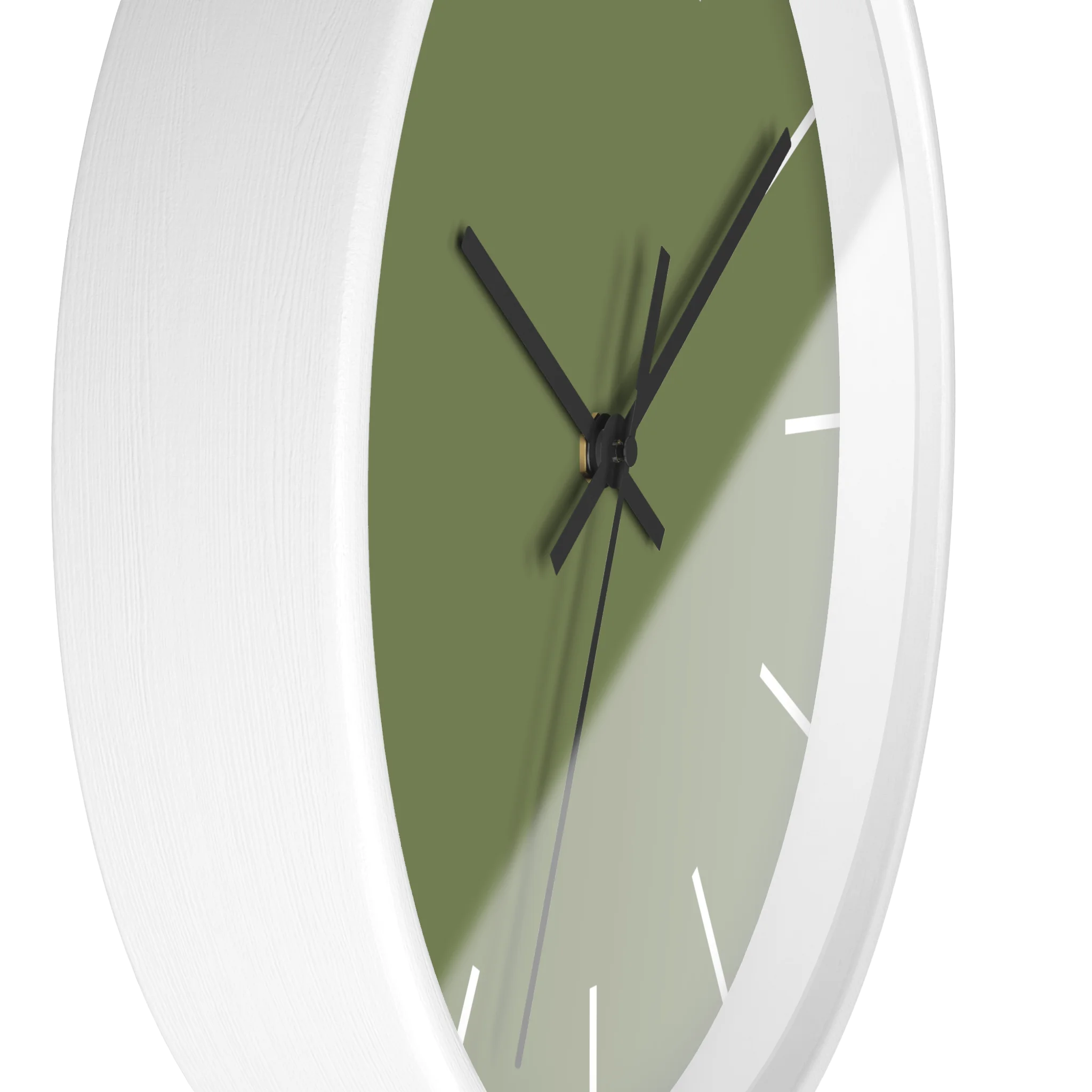 Dark sage olive green silent wall clock, white base, black hands, white markers, 10 inch, side view.