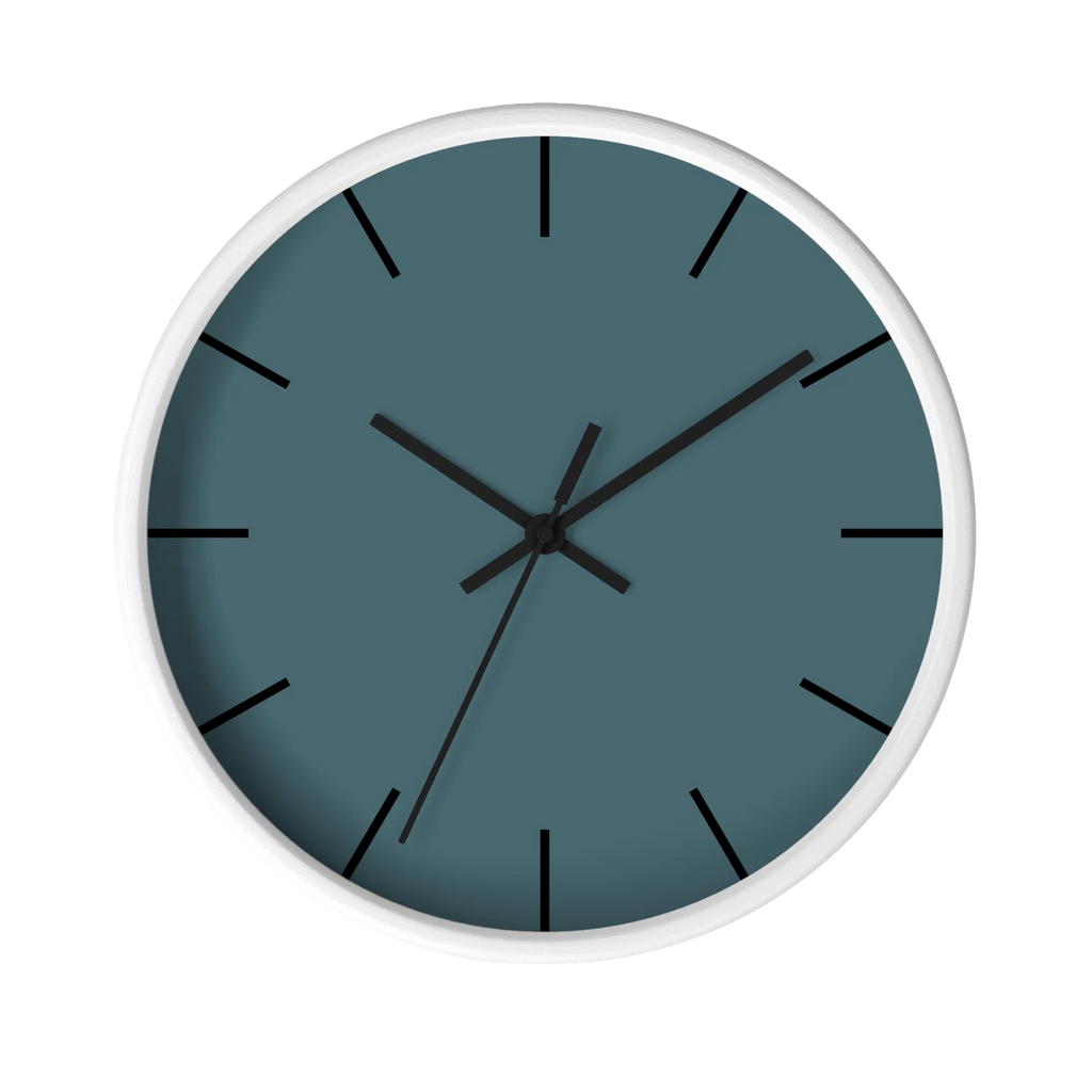Deep space sparkle teal silent wall clock, white base, black hands, black markers, 10 inch, front view.
