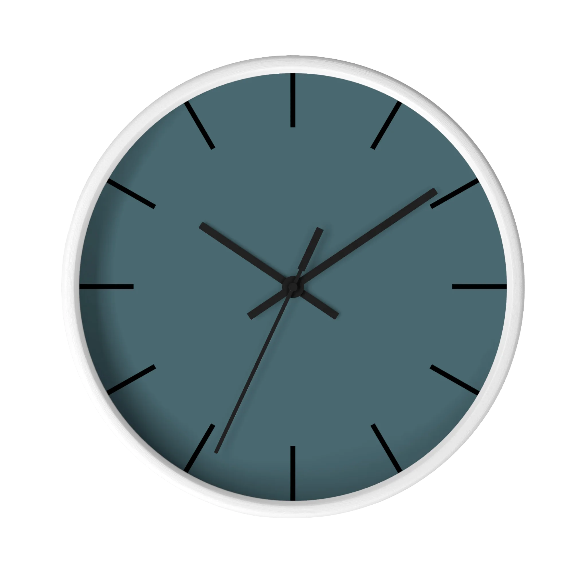 Deep space sparkle teal silent wall clock, white base, black hands, black markers, 10 inch, front view.