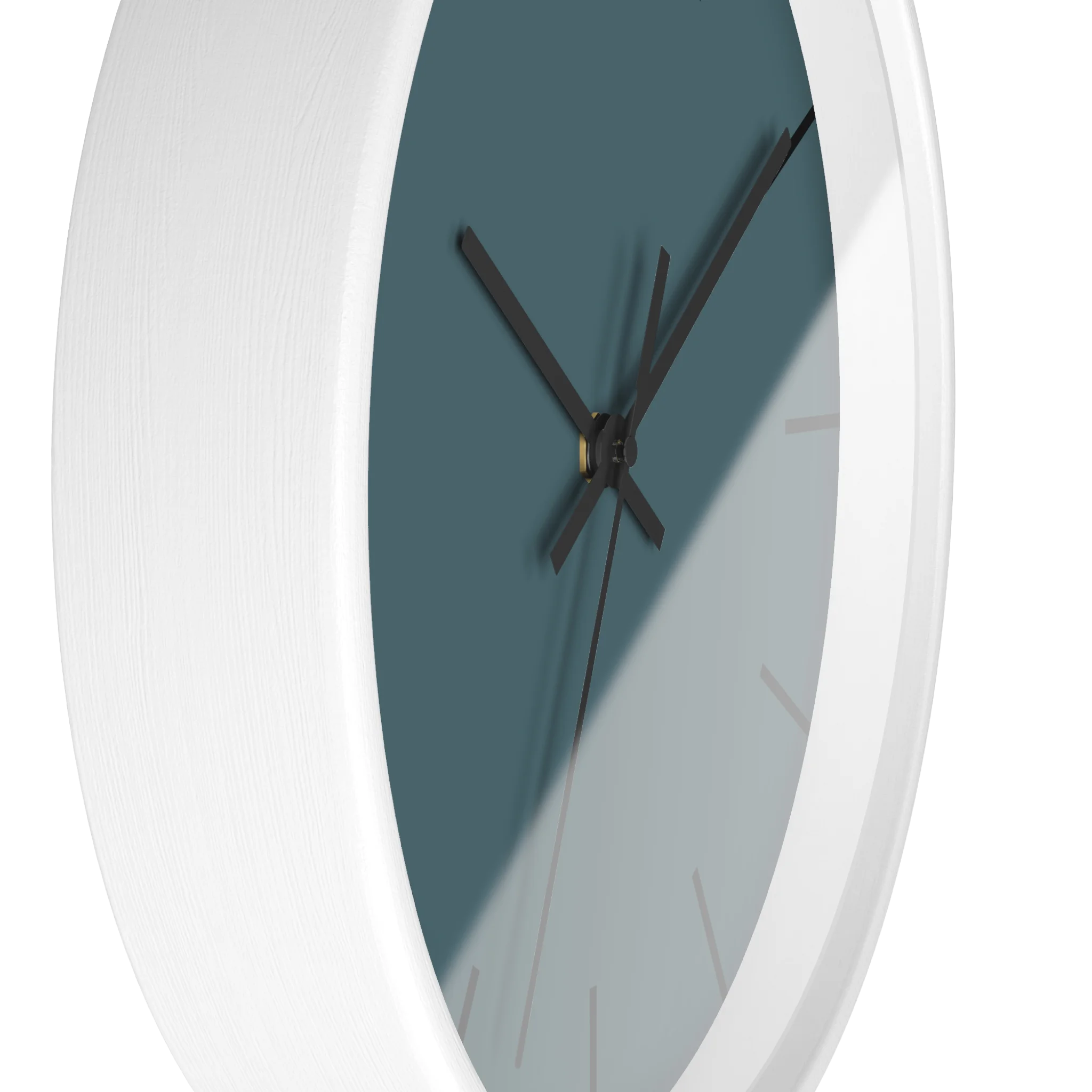 Deep space sparkle teal silent wall clock, white base, black hands, black markers, 10 inch, side view.