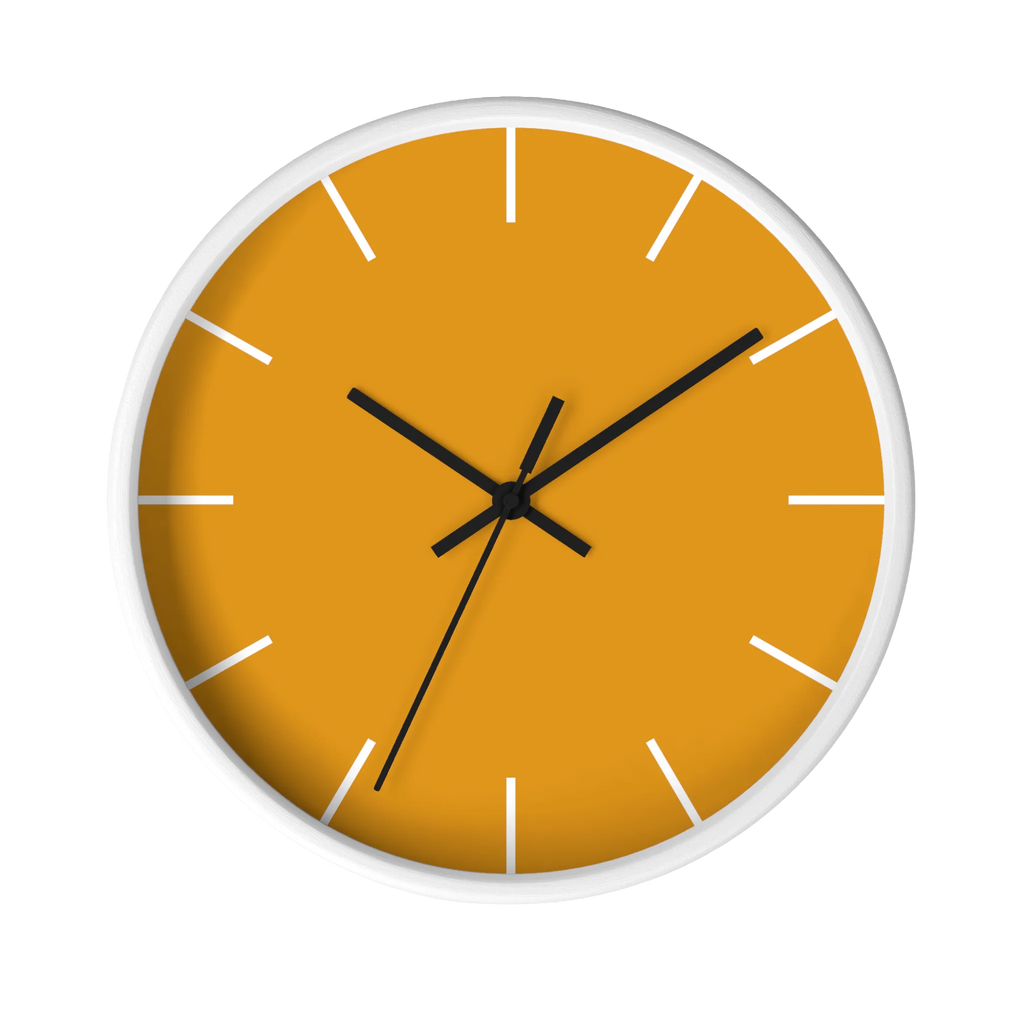 Dixie orange silent wall clock, white base, black hands, white markers, 10 inch, front view.