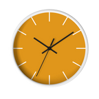 Dixie orange silent wall clock, white base, black hands, white markers, 10 inch, front view.