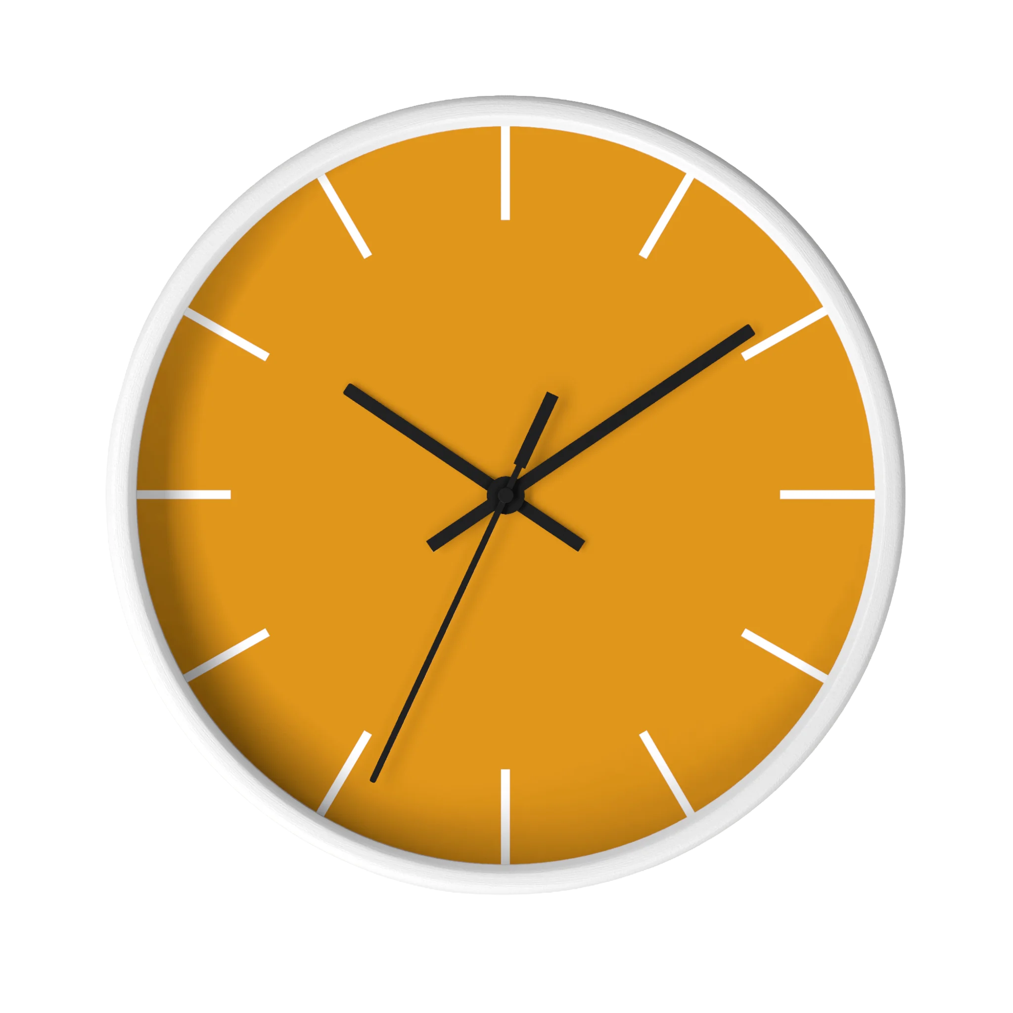 Dixie orange silent wall clock, white base, black hands, white markers, 10 inch, front view.