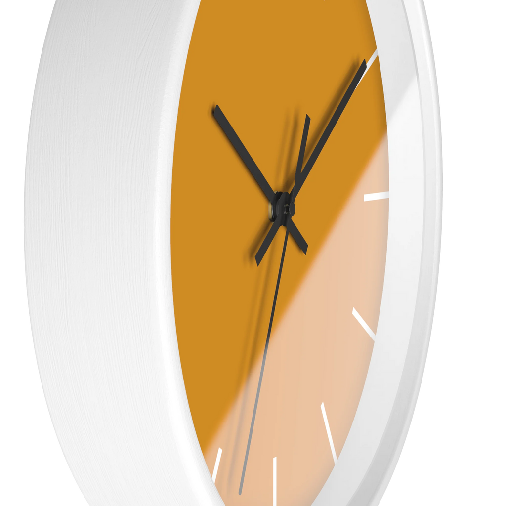 Dixie orange silent wall clock, white base, black hands, white markers, 10 inch, side view.