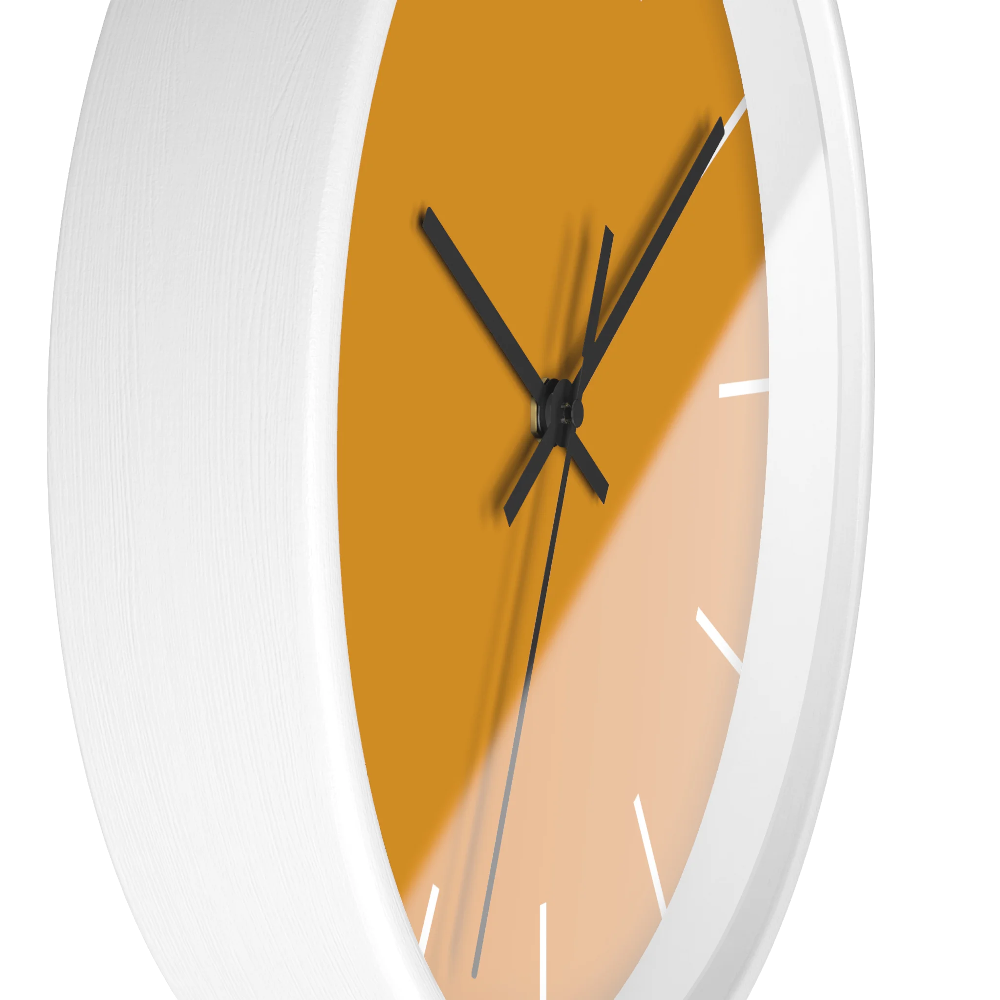 Dixie orange silent wall clock, white base, black hands, white markers, 10 inch, side view.