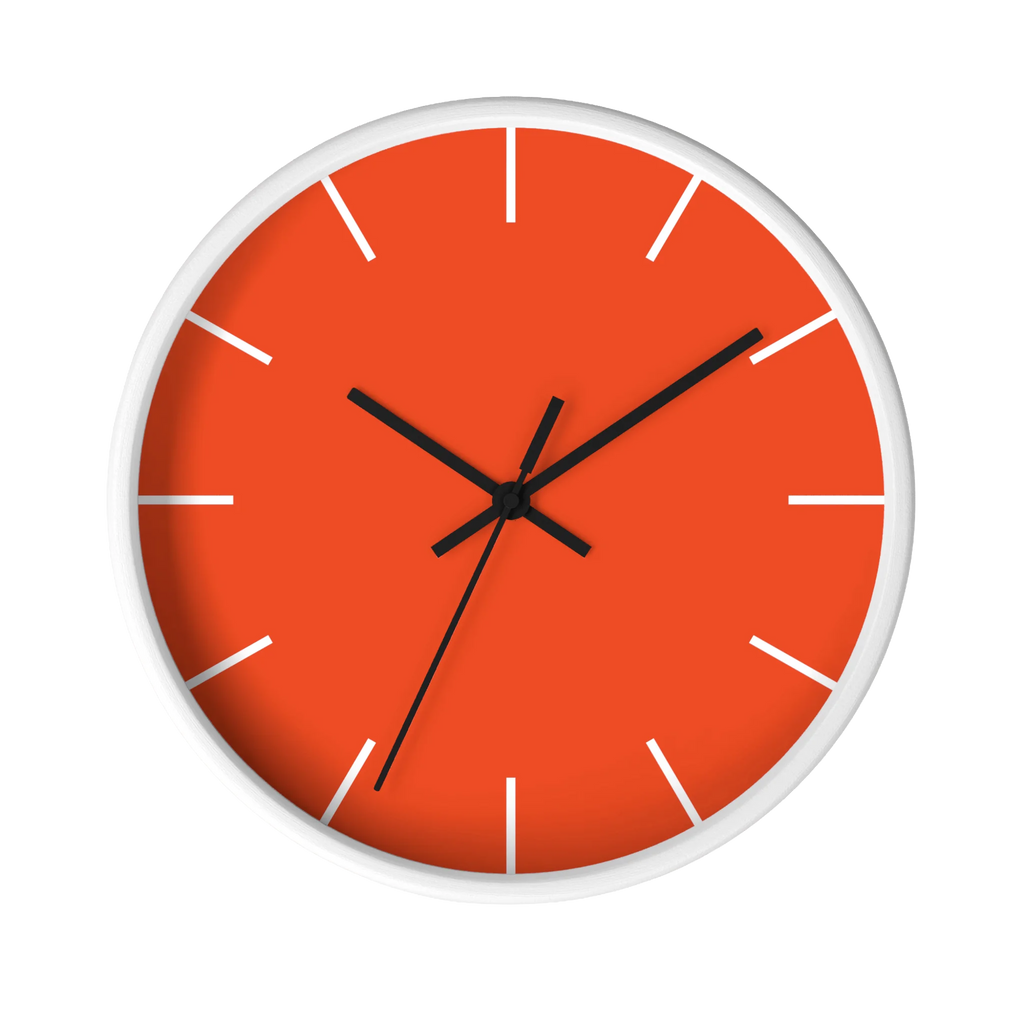 Dragon fire red silent wall clock, white base, black hands, white markers, 10 inch, front view.