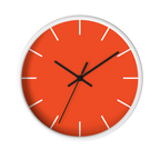 Dragon fire red silent wall clock, white base, black hands, white markers, 10 inch, front view.