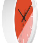 Dragon fire red silent wall clock, white base, black hands, white markers, 10 inch, side view.