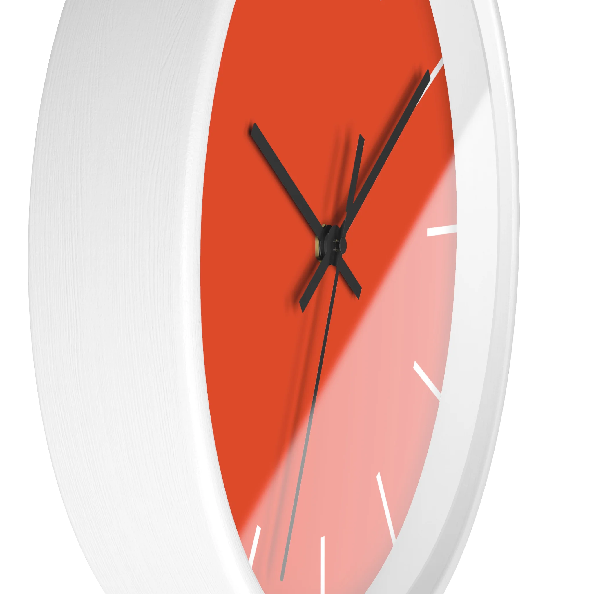 Dragon fire red silent wall clock, white base, black hands, white markers, 10 inch, side view.