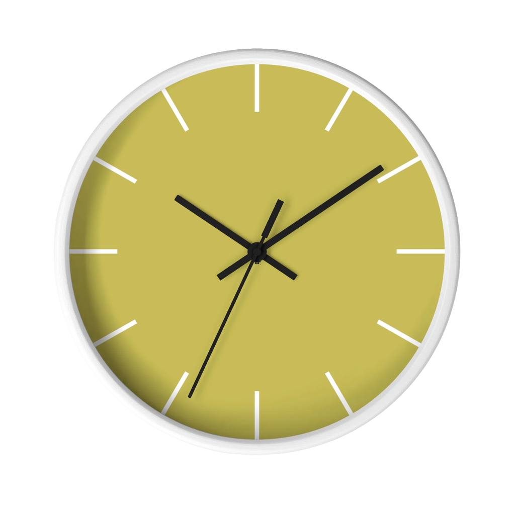 Dull gold yellow silent wall clock, white base, black hands, white markers, 10 inch, front view.
