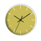 Dull gold yellow silent wall clock, white base, black hands, white markers, 10 inch, front view.