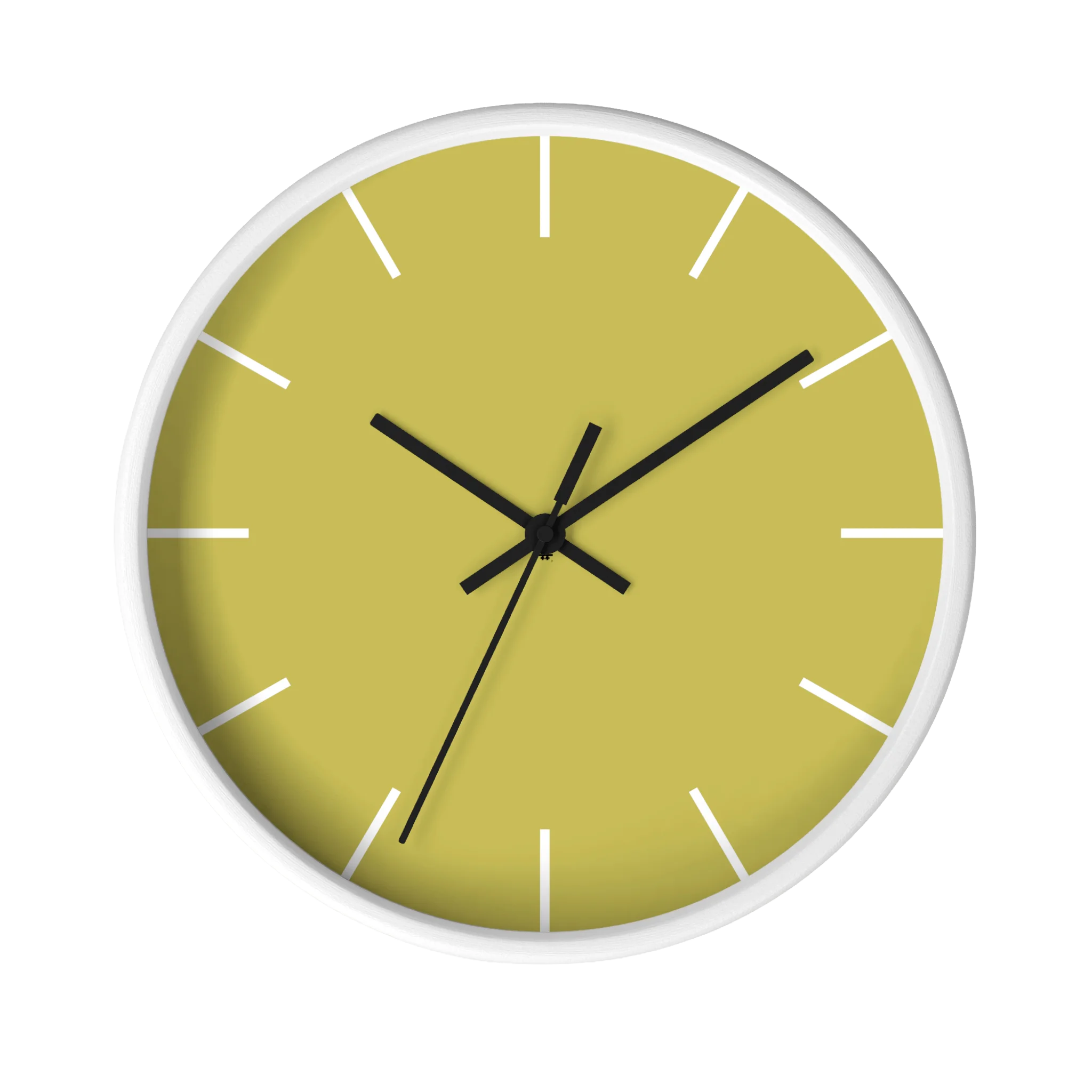 Dull gold yellow silent wall clock, white base, black hands, white markers, 10 inch, front view.