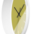 Dull gold yellow silent wall clock, white base, black hands, white markers, 10 inch, side view.