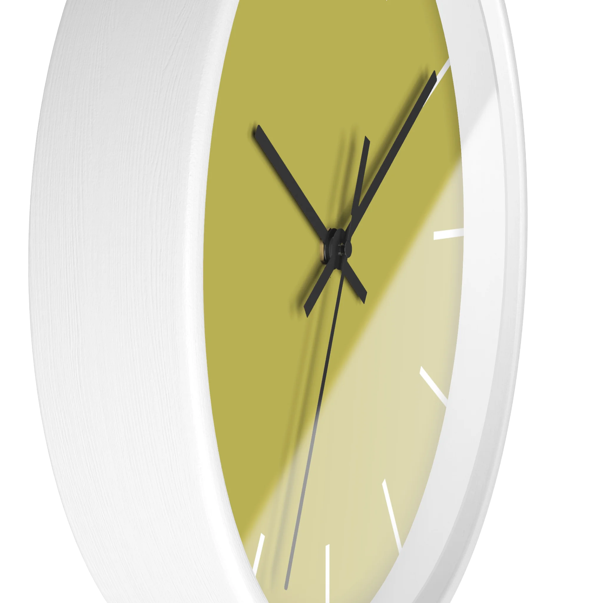Dull gold yellow silent wall clock, white base, black hands, white markers, 10 inch, side view.