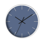 Dust blue silent wall clock, white base, black hands, light grey markers, 10 inch, front view.