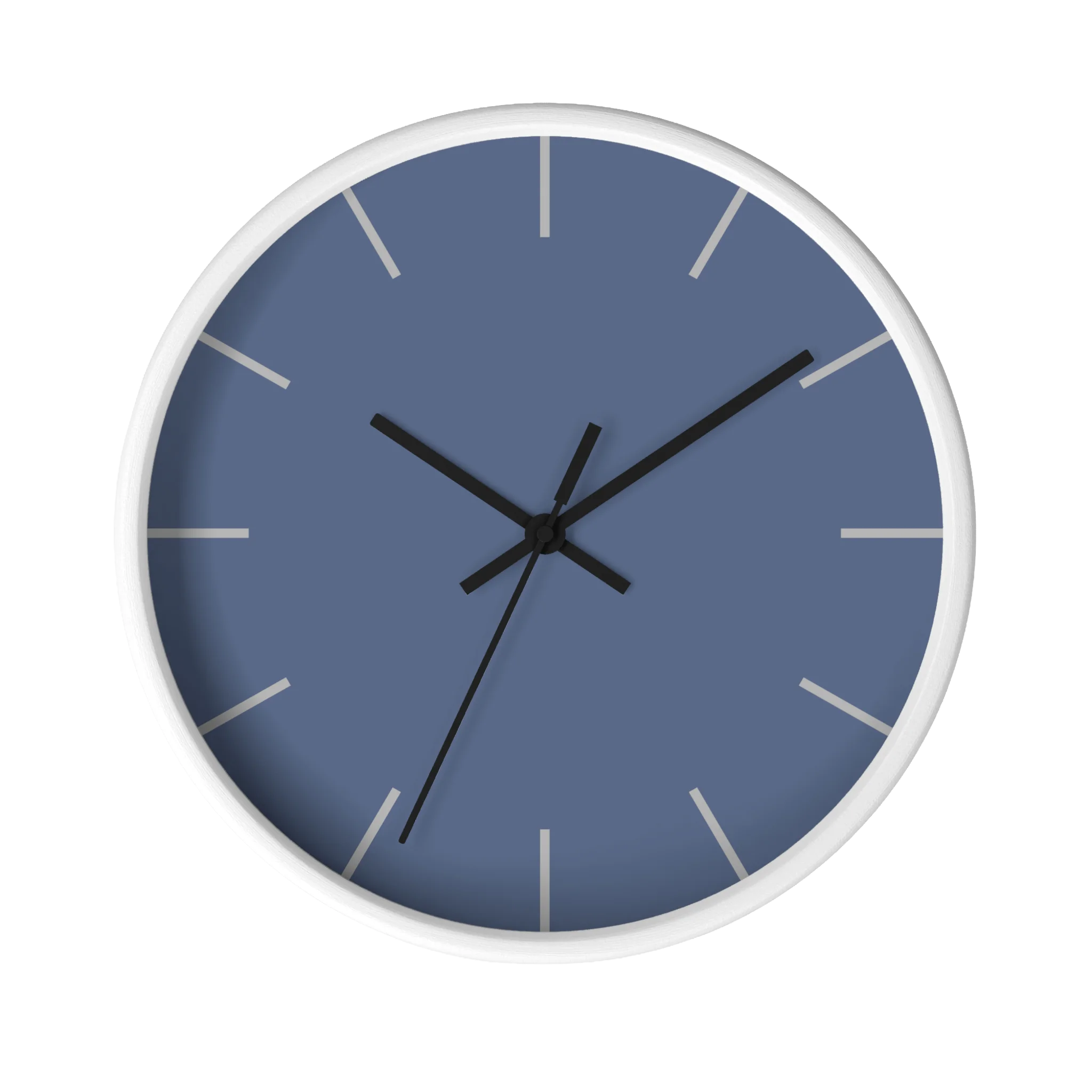 Dust blue silent wall clock, white base, black hands, light grey markers, 10 inch, front view.