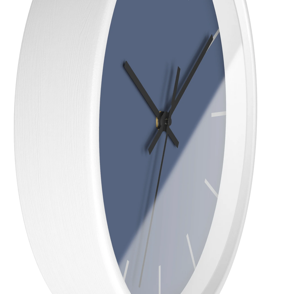 Dust blue silent wall clock, white base, black hands, light grey markers, 10 inch, side view.