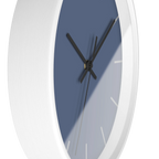Dust blue silent wall clock, white base, black hands, light grey markers, 10 inch, side view.