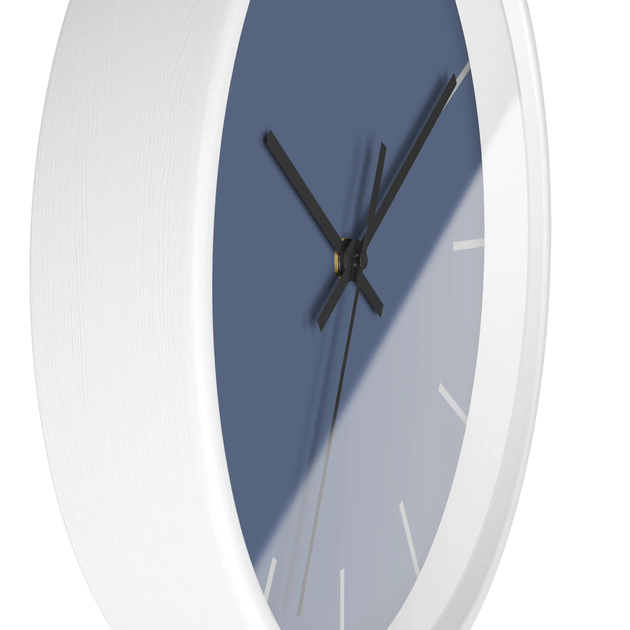 Dust blue silent wall clock, white base, black hands, light grey markers, 10 inch, side view.