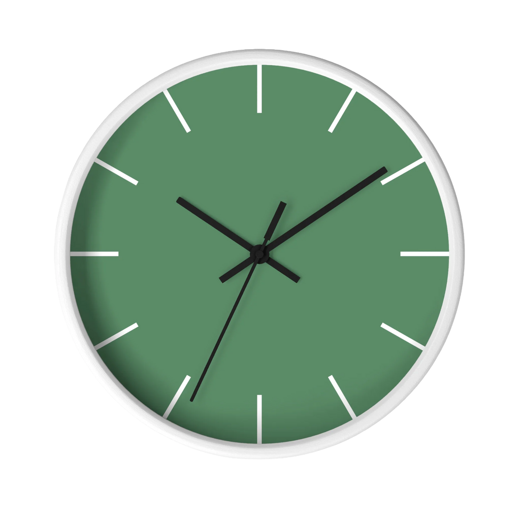 Dust green silent wall clock, white base, black hands, white markers, 10 inch, front view.