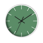 Dust green silent wall clock, white base, black hands, white markers, 10 inch, front view.