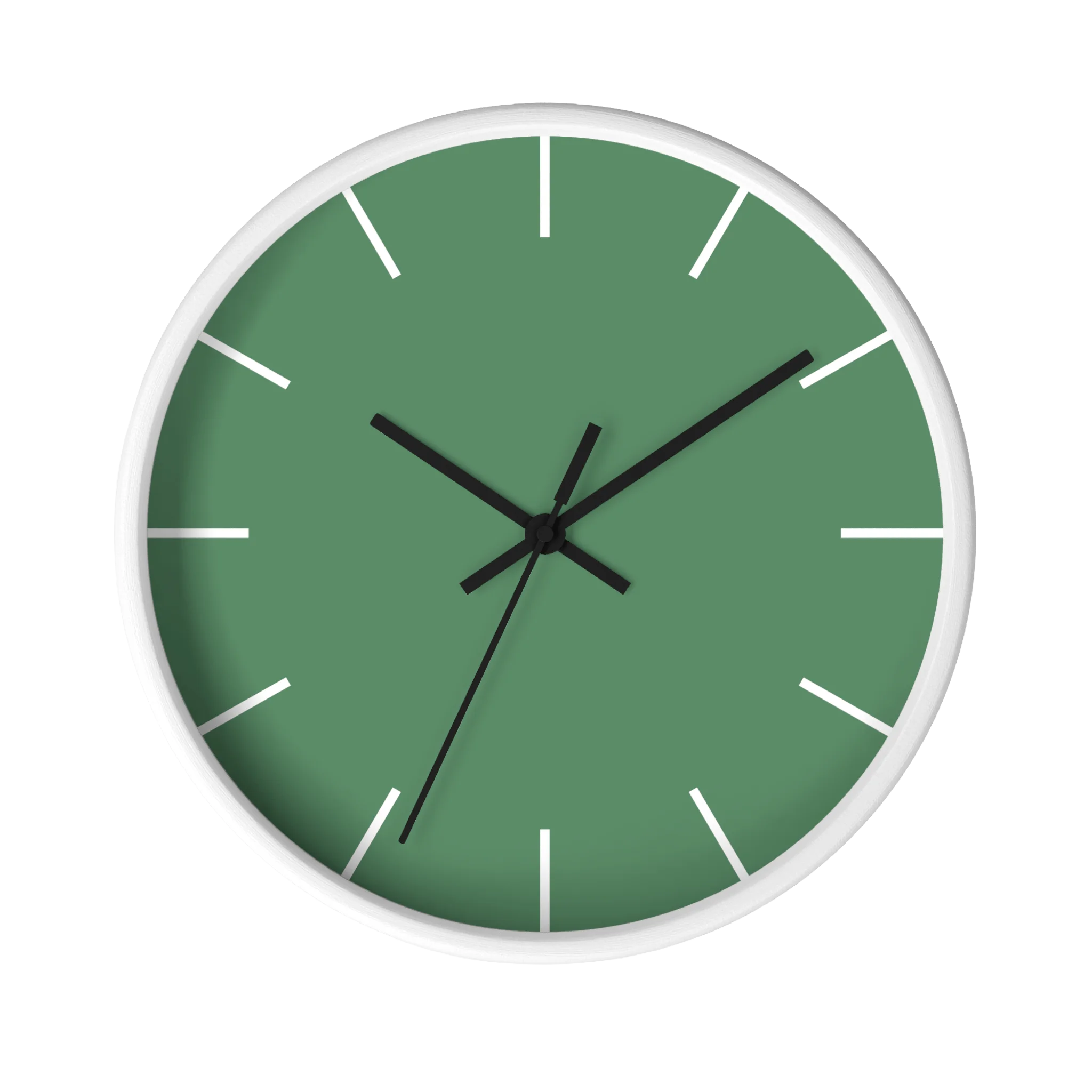 Dust green silent wall clock, white base, black hands, white markers, 10 inch, front view.