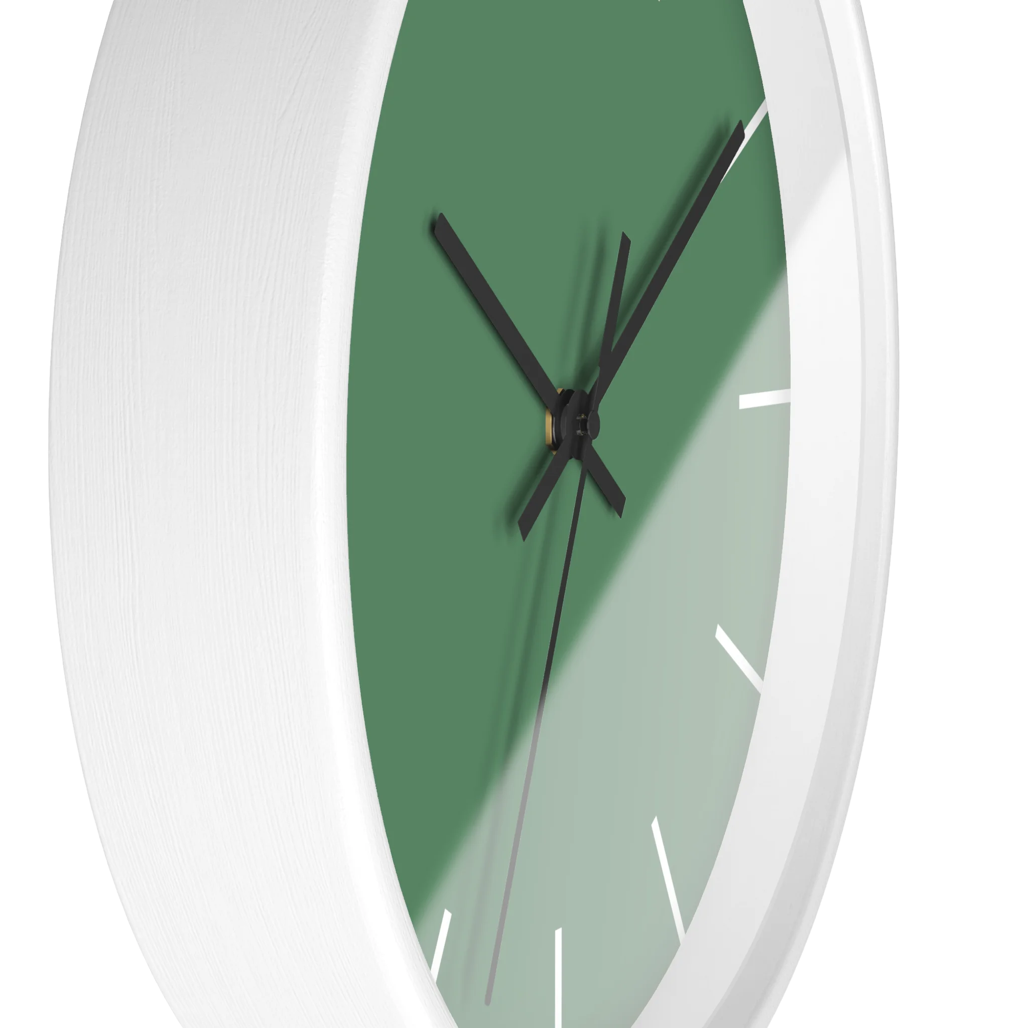 Dust green silent wall clock, white base, black hands, white markers, 10 inch, side view.
