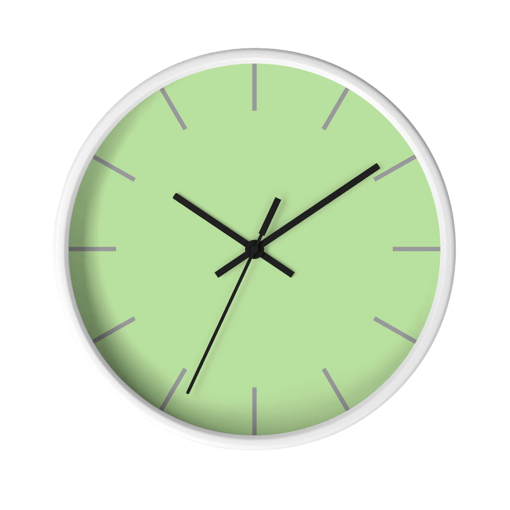 Fresh green mint silent wall clock, white base, black hands, grey markers, 10 inch, front view.