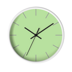 Fresh green mint silent wall clock, white base, black hands, grey markers, 10 inch, front view.