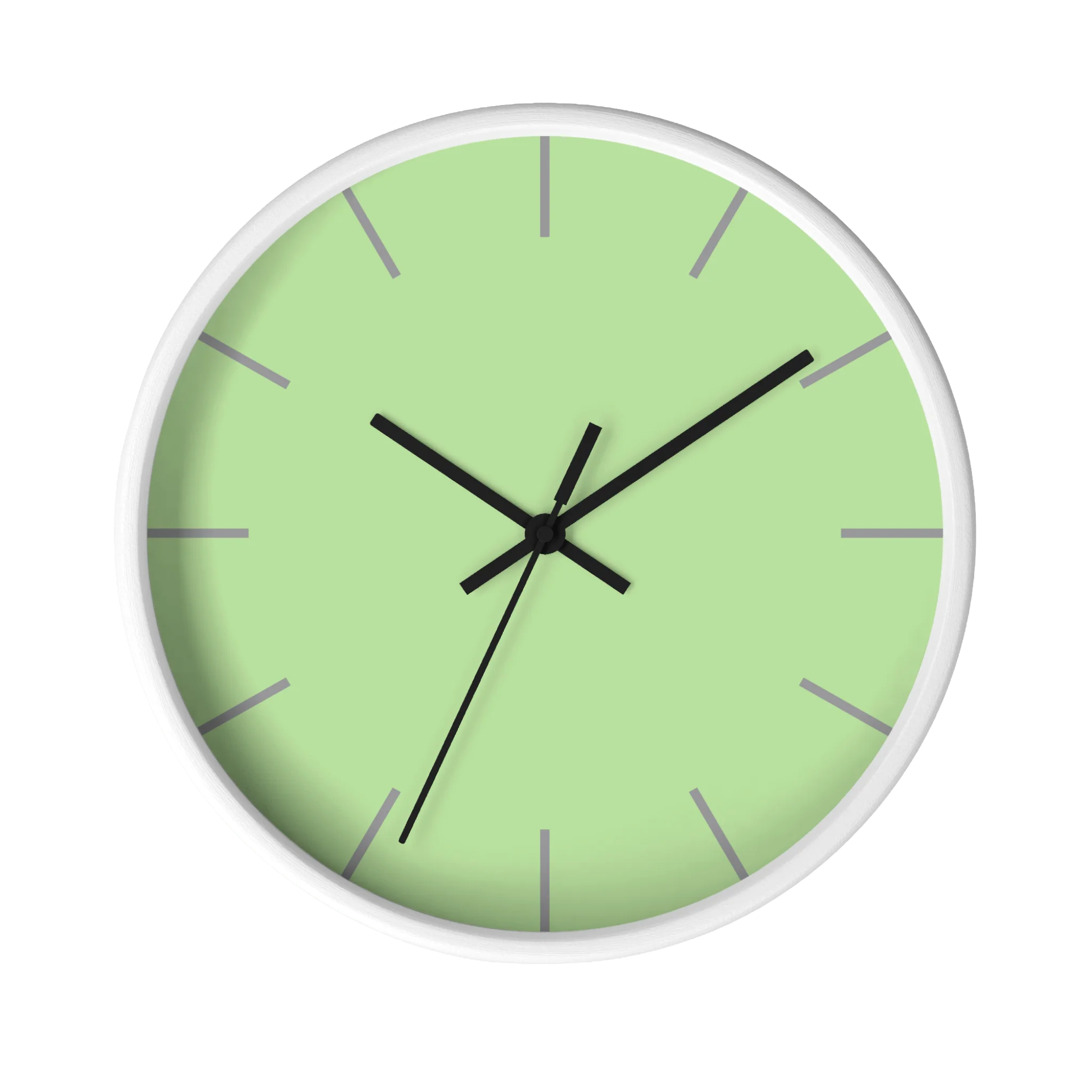 Fresh green mint silent wall clock, white base, black hands, grey markers, 10 inch, front view.