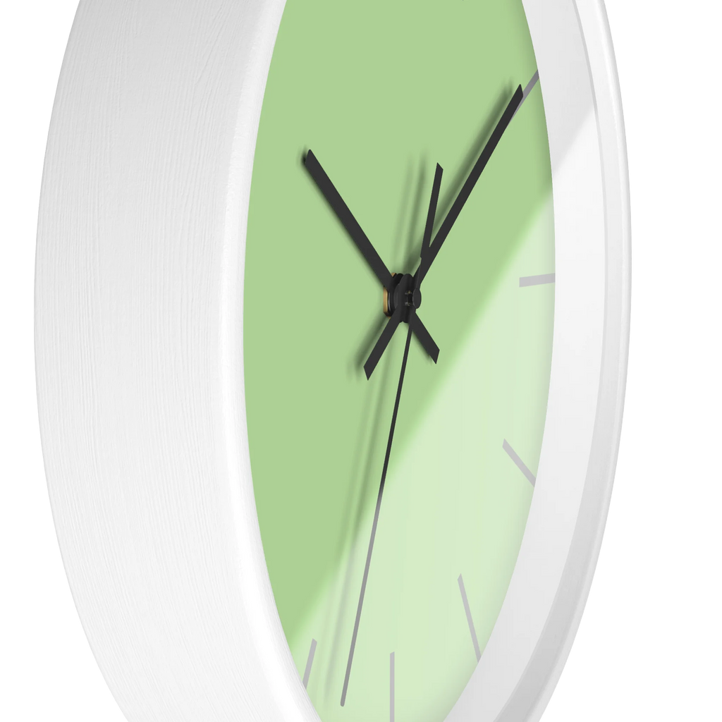 Fresh green mint silent wall clock, white base, black hands, grey markers, 10 inch, side view.
