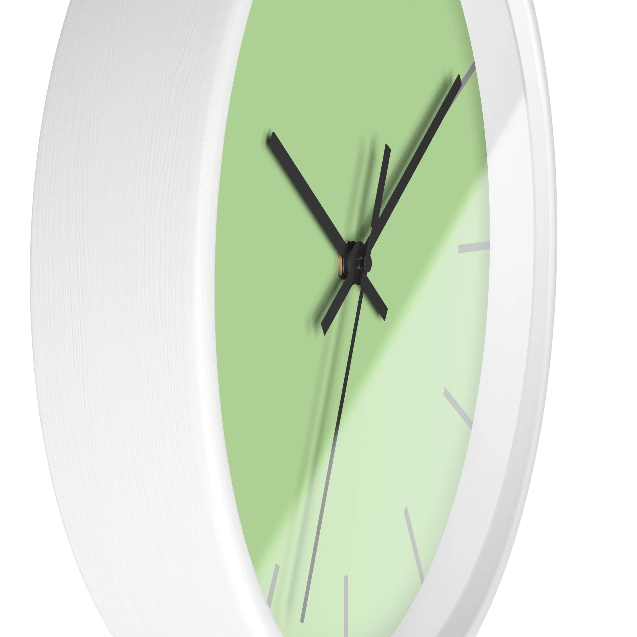 Fresh green mint silent wall clock, white base, black hands, grey markers, 10 inch, side view.