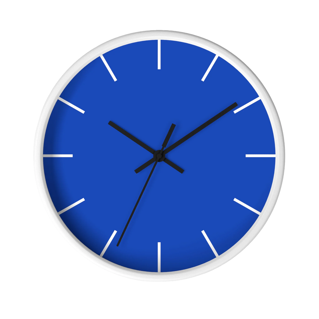Funky Blue silent wall clock, white base, black hands, white markers, 10 inch, front view.