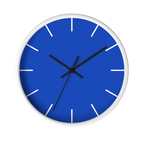 Funky Blue silent wall clock, white base, black hands, white markers, 10 inch, front view.