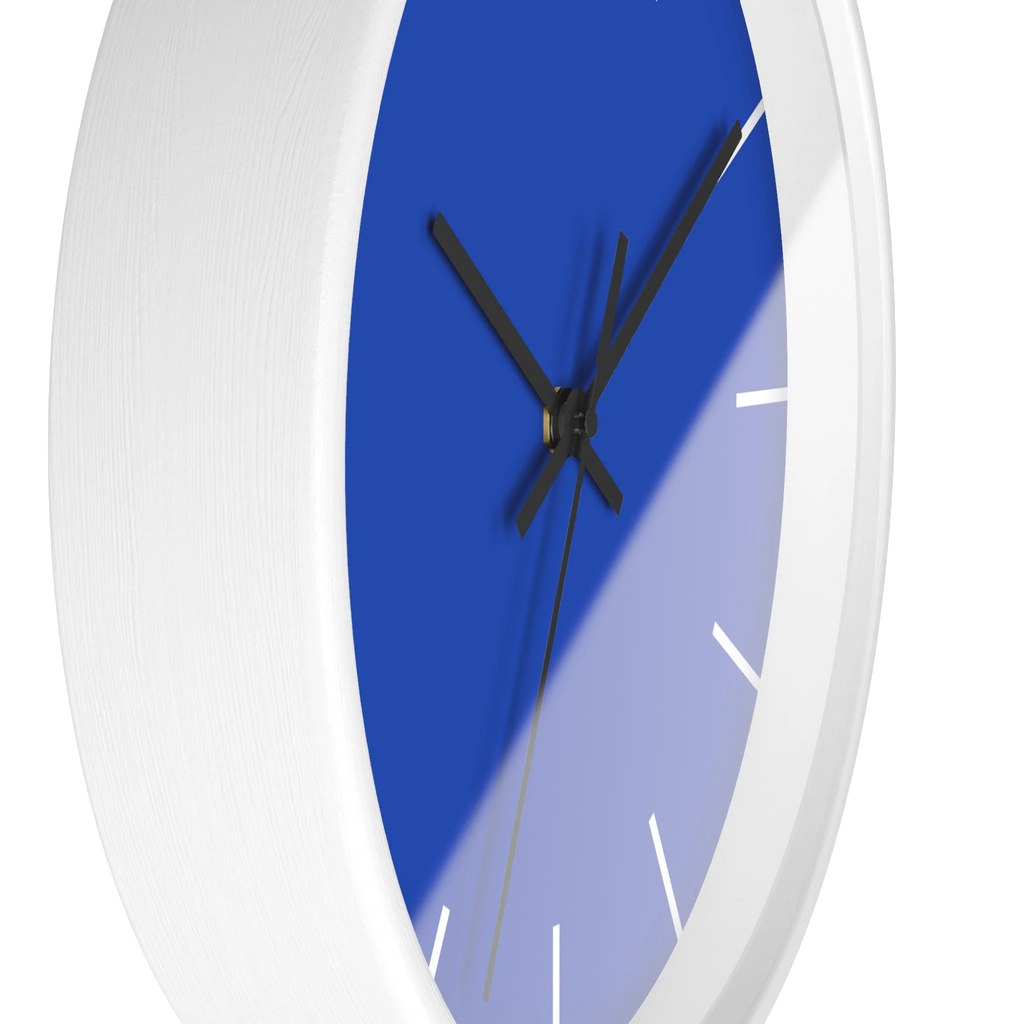 Funky Blue silent wall clock, white base, black hands, white markers, 10 inch, side view.