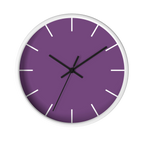 Garlic Purple silent wall clock, white base, black hands, white markers, 10 inch, front view.
