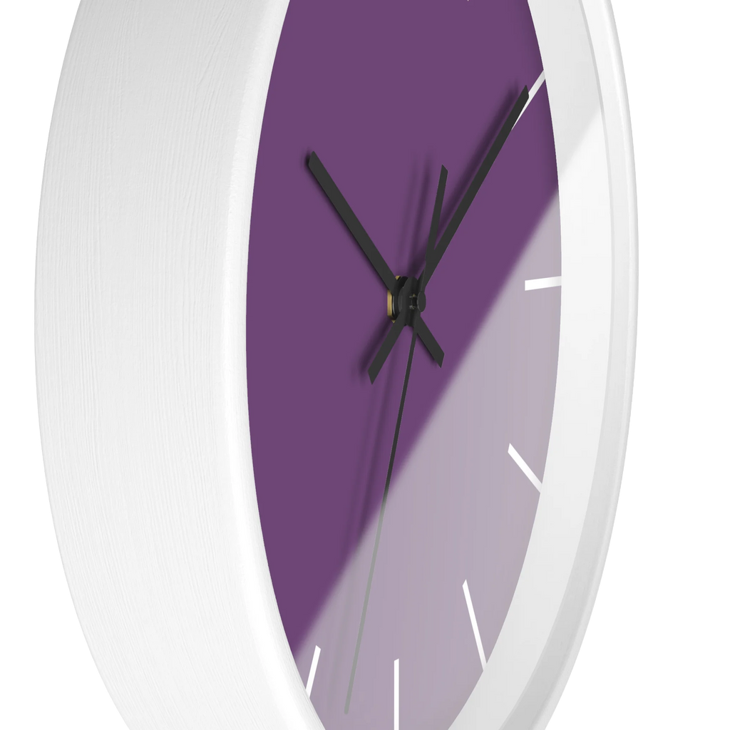 Garlic Purple silent wall clock, white base, black hands, white markers, 10 inch, side view.