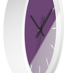Garlic Purple silent wall clock, white base, black hands, white markers, 10 inch, side view.