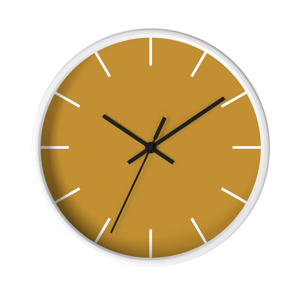 Gold ochre mustard silent wall clock, white base, black hands, white markers, 10 inch, front view.
