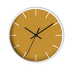 Gold ochre mustard silent wall clock, white base, black hands, white markers, 10 inch, front view.