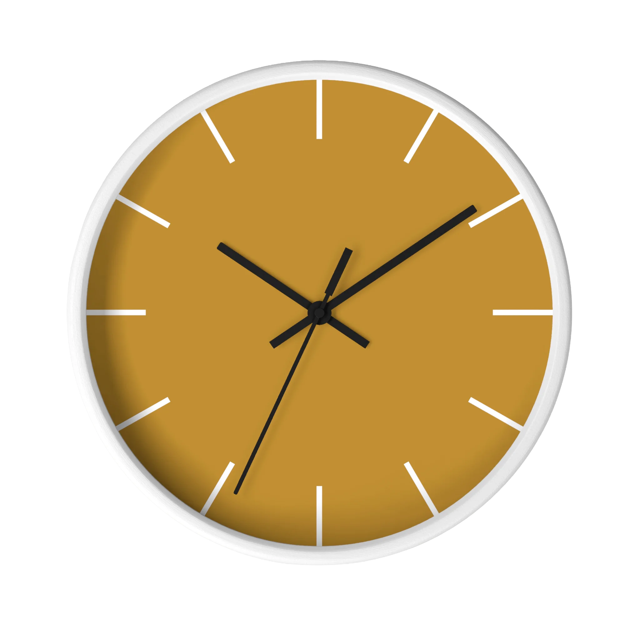 Gold ochre mustard silent wall clock, white base, black hands, white markers, 10 inch, front view.