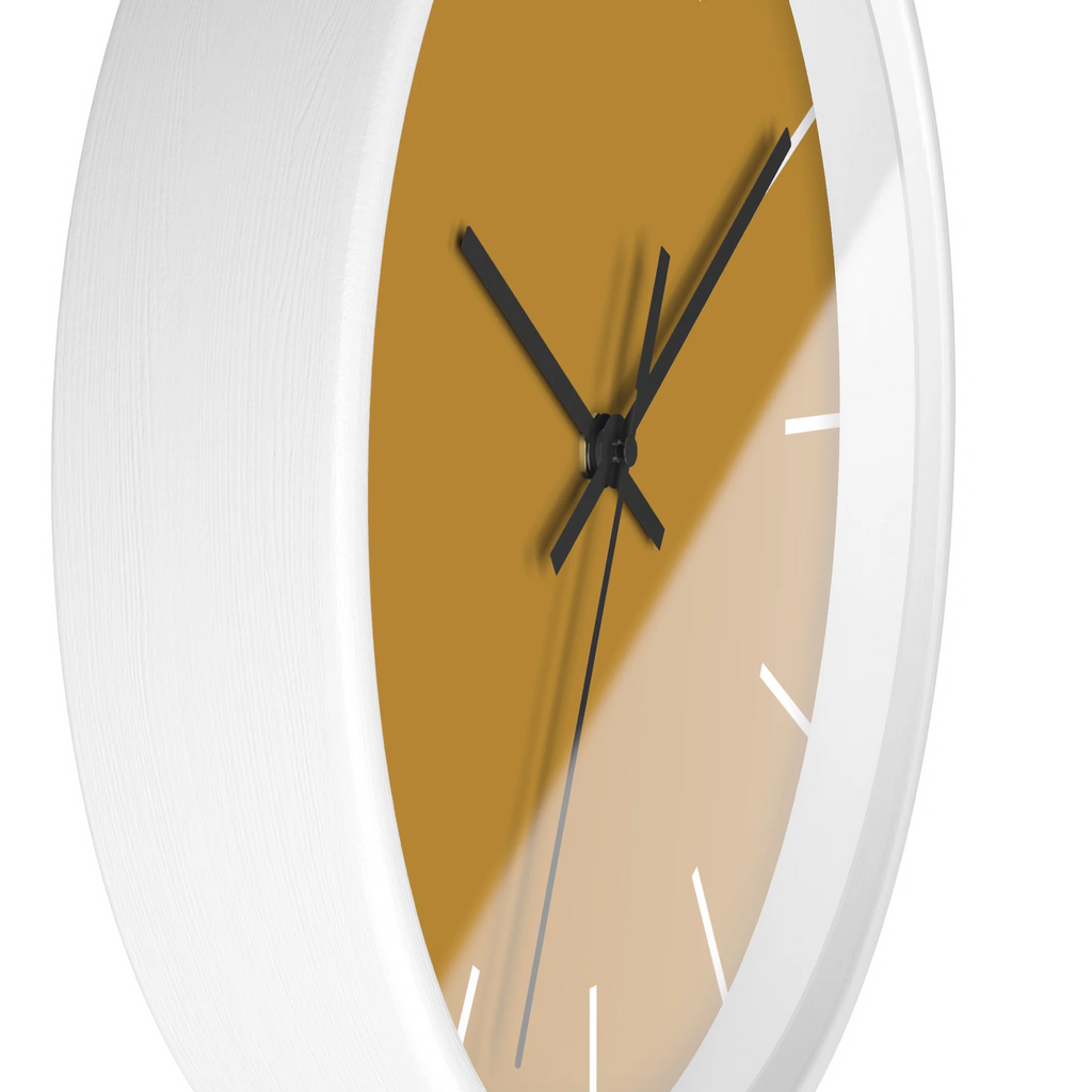 Gold ochre mustard silent wall clock, white base, black hands, white markers, 10 inch, side view.