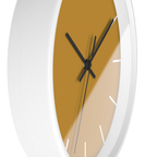 Gold ochre mustard silent wall clock, white base, black hands, white markers, 10 inch, side view.
