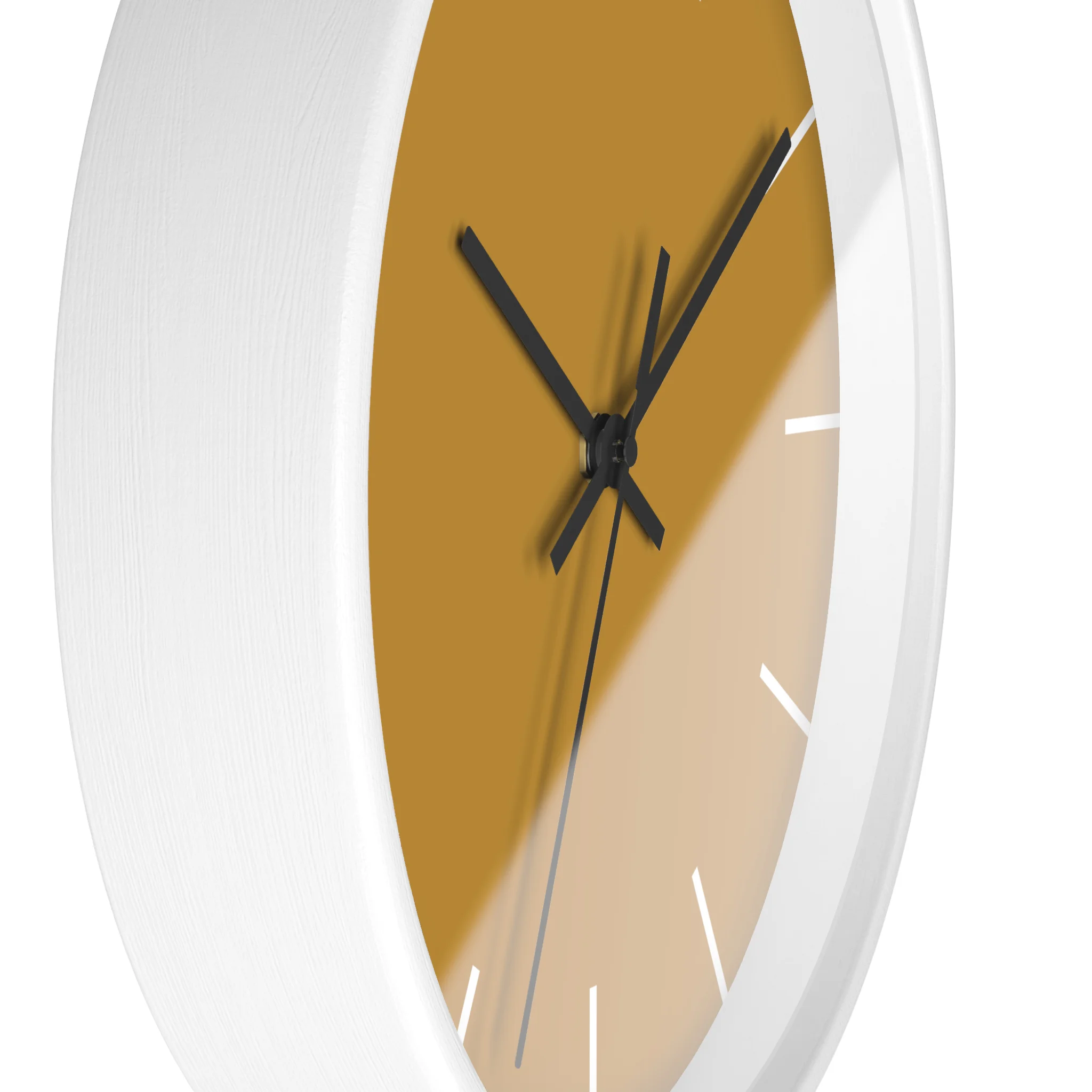 Gold ochre mustard silent wall clock, white base, black hands, white markers, 10 inch, side view.