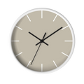 Ivory grey beige silent wall clock, white base, black hands, white markers, 10 inch, front view.