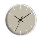 Ivory grey beige silent wall clock, white base, black hands, white markers, 10 inch, front view.