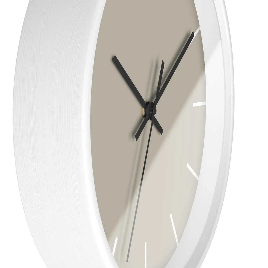 Ivory grey beige silent wall clock, white base, black hands, white markers, 10 inch, side view.
