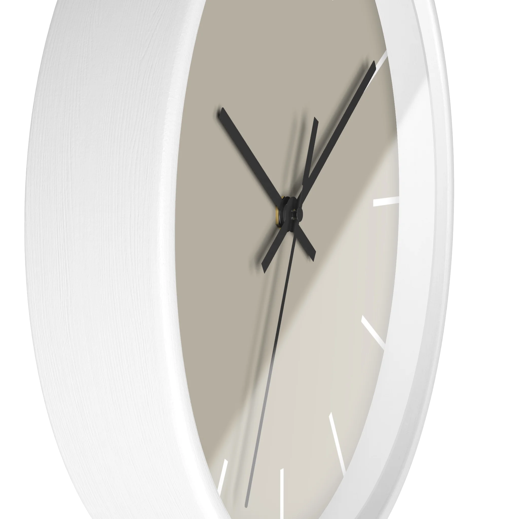 Ivory grey beige silent wall clock, white base, black hands, white markers, 10 inch, side view.