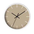 Beige jute silent wall clock, white base, black hands, white markers, 10 inch, front view.
